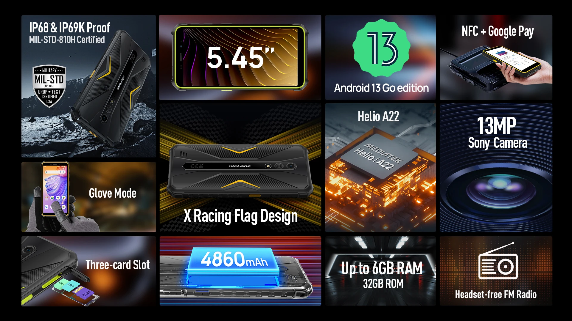 Ulefone Armor X12,Android 13,Up to 6ГБ(3ГБ+3ГБ)RAM,32ГБ ROM,4860mAh,13MP , 5.45", 4G NFC,Global Version