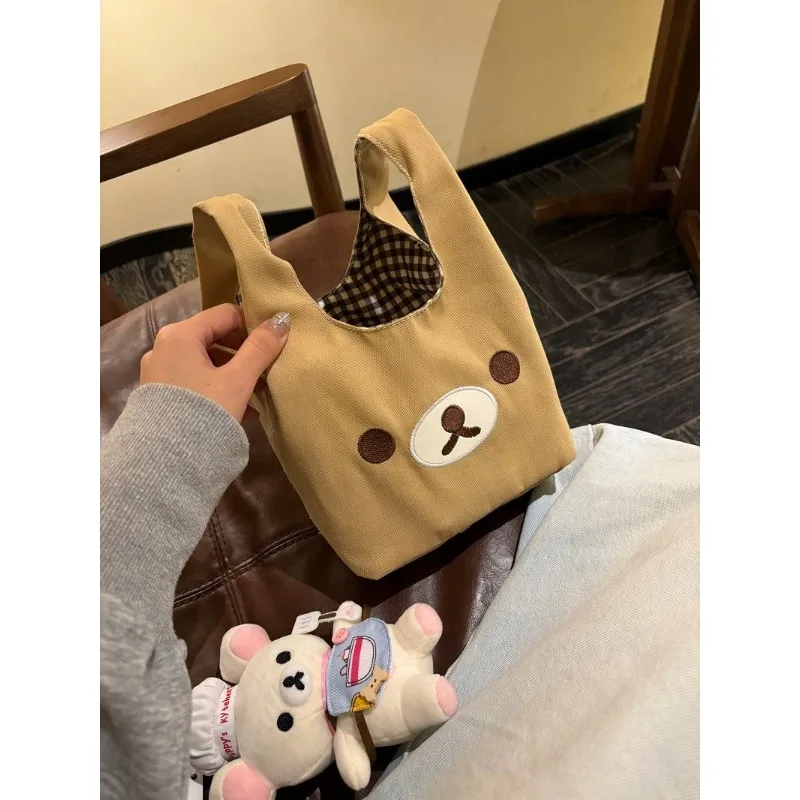 .Cute Rilakkuma embroidery design shoulder bag mesh lining portable casual all-match handbag