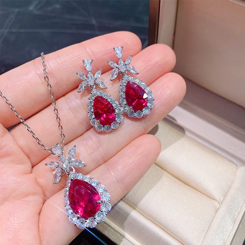 

big water drop pear shape Butterfly red crystal necklace pendant earrings girl boutique jewelry 925 sterling silver fashion gift