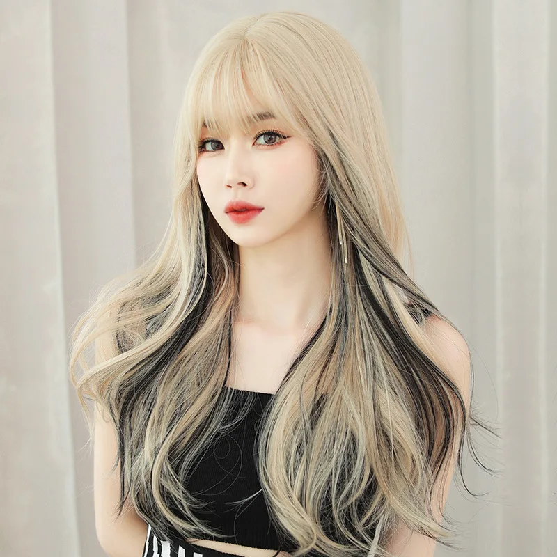 

Woman wigs Cream Camellia Synthetic Hair Wigs Long Wavy Natural Hair Wig with Bangs for Women Cosplay Lolita Wig Heat Resistant