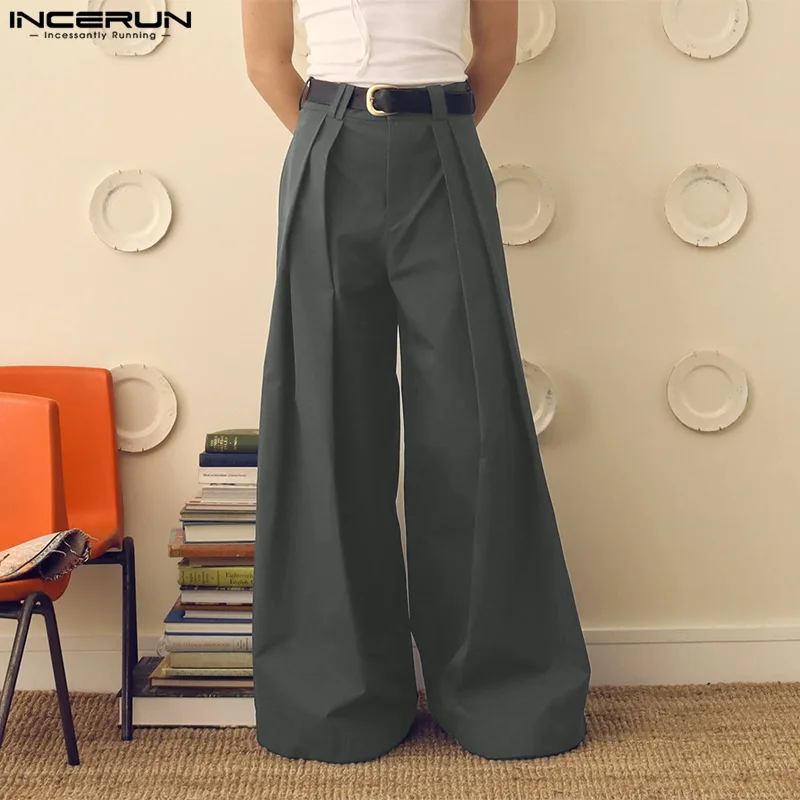 INCERUN Men Wide Leg Pants Solid Color Button Joggers Loose Pleated Casual Trousers Men Streetwear 2024 Fashion Long Pants S-5XL