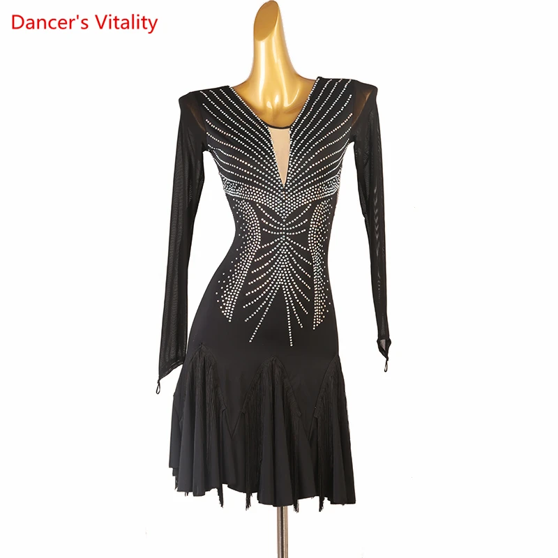 

Latin Dance Compeititon Costume Dress for Women Ong Sleeves AB Stones Rumba Chacha Performance Clothing Skirt Latin Dresses