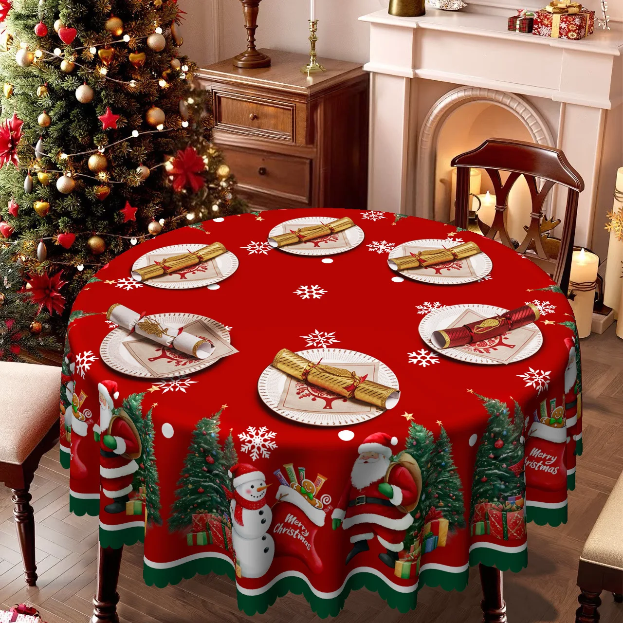 

Christmas Tablecloth Xtmas Tree Snowman Decorative Table Cloth Deer Snowflake Winter Round Table Cover Seasonal for Home Kitchen