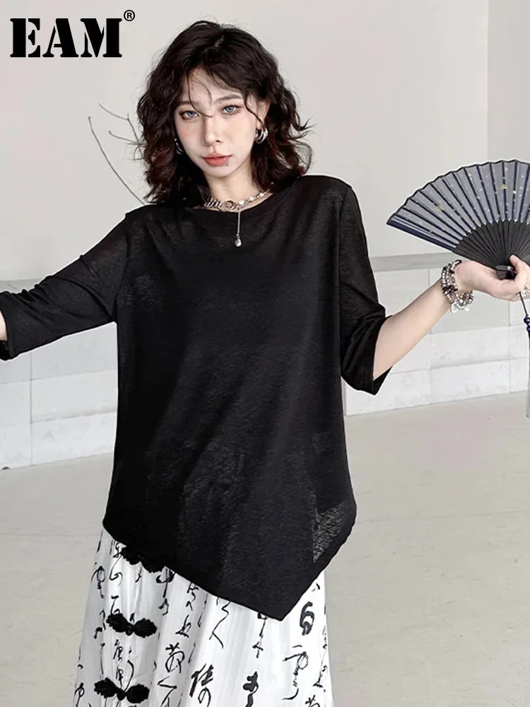 EAM Women Black Irregular Hem Big Size T-shirt New Round Neck Three-quarter Sleeve Fashion Tide Spring Autumn 2024 1DH5130