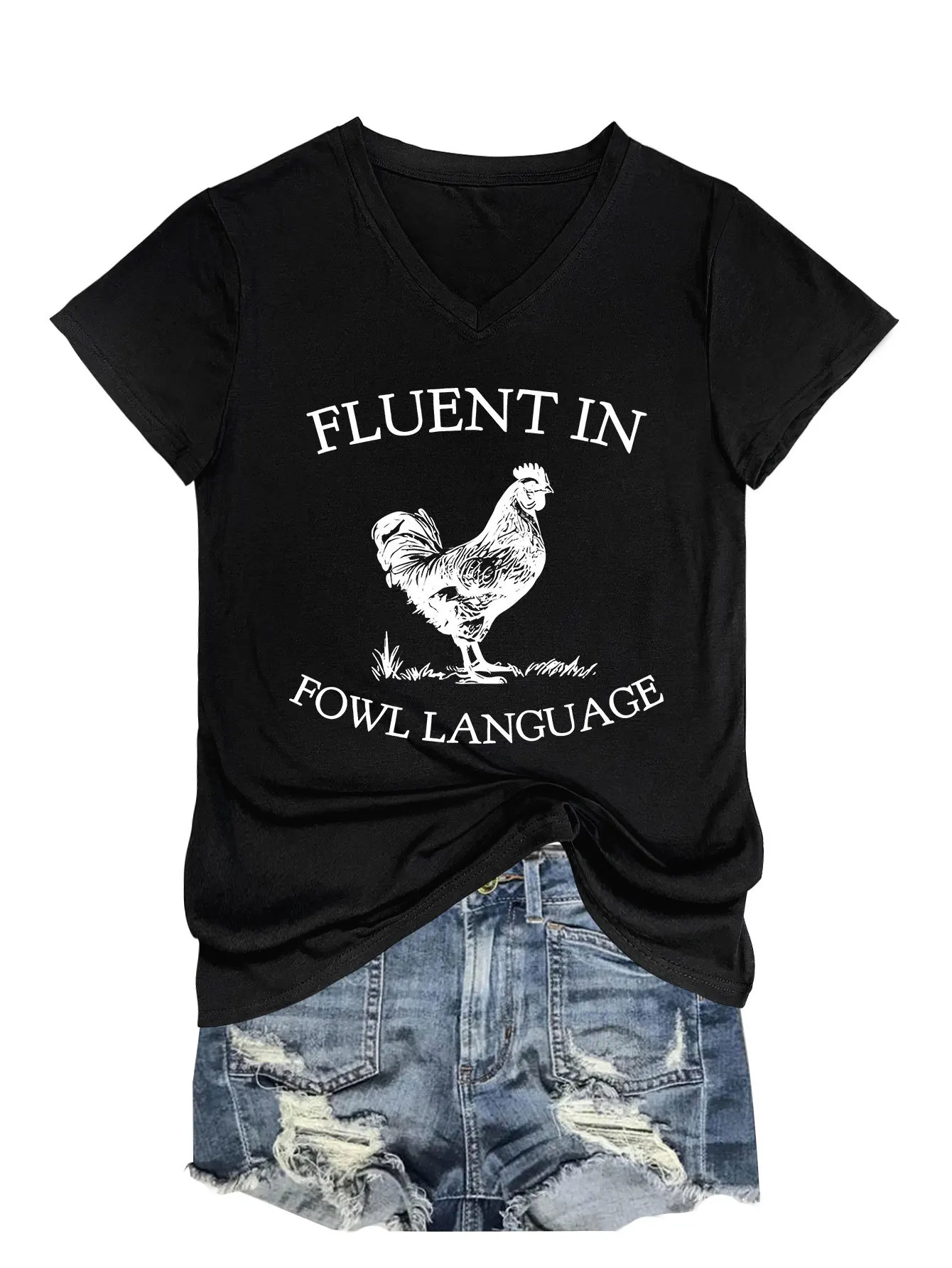 New V-neck T-shirt for summer fluent in fowl language print loose casual top Fashion jumper