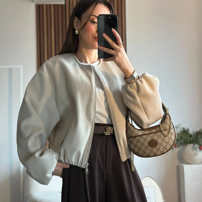 HXAO Women's Bomber Jacket Retro O Neck Soft Cropped Jacket Elastic Hem Zipper Woman Short Coats Female Outerwears 2025 Spring