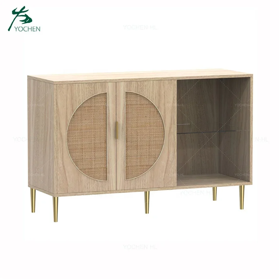 Home rattan furniture big wooden sideboard cabinet buffet cabinet rattan sideboard with 3 doors