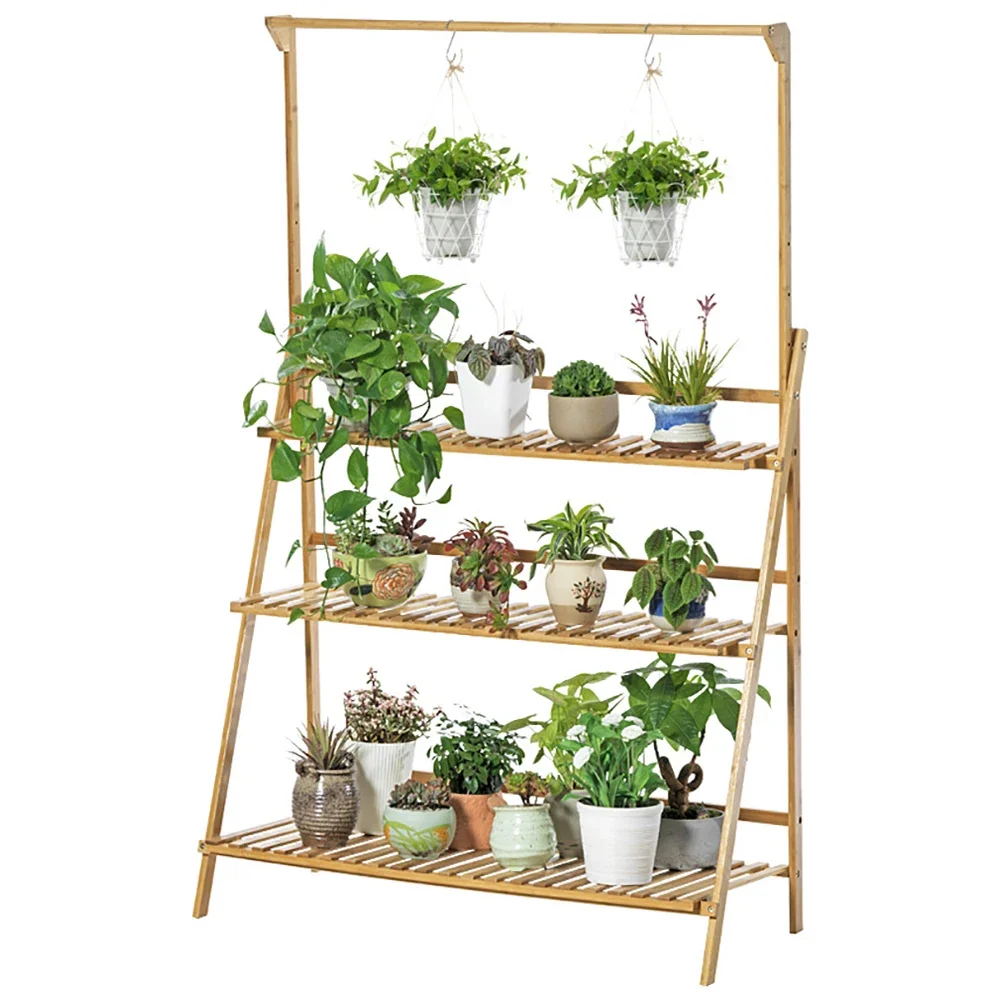 3-Tier Hanging Plant Stand Storage Shelf Folding Flower Pot Organizer Display Storage Rack Adjustable Hanger Rod Bamboo Patio