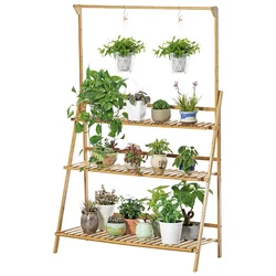 3-Tier Hanging Plant Stand Storage Shelf Folding Flower Pot Organizer Display Storage Rack Adjustable Hanger Rod Bamboo Patio