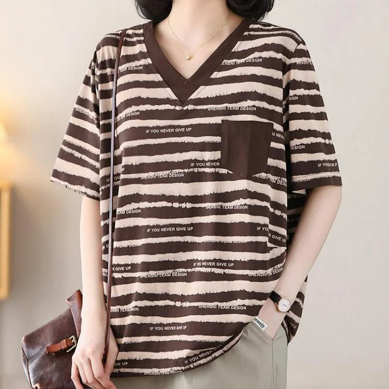 Big Size Cotton Women Clothing Striped Oversized T-Shirt Korean Fashion Summer Short Sleeve Versatile Vintage Basic Casual Tops