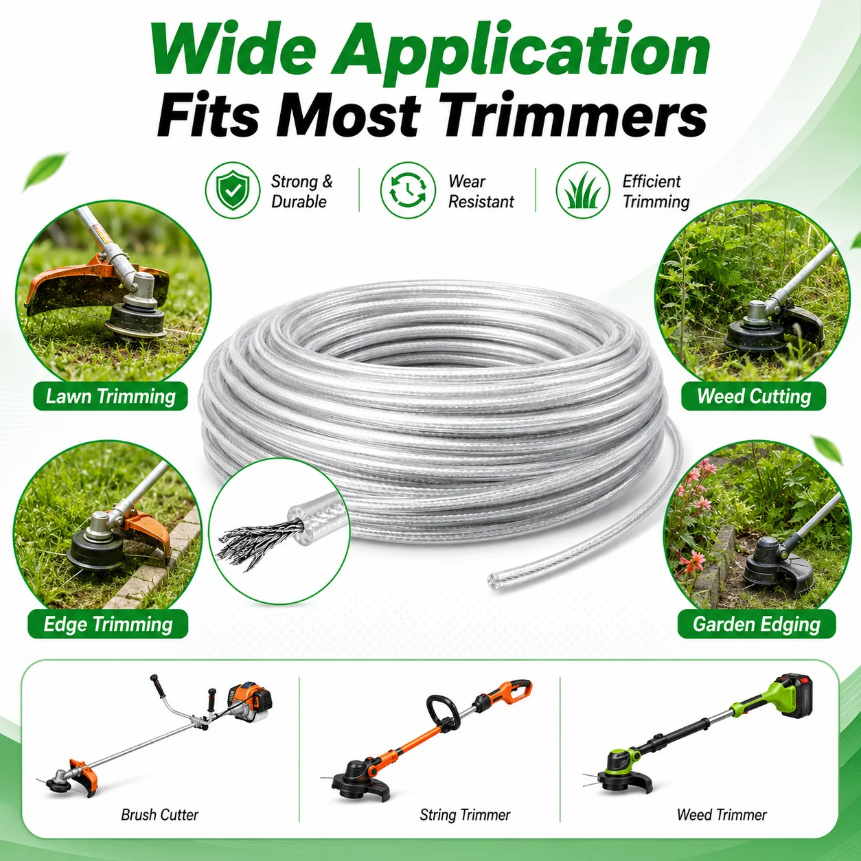 Fio de Nylon para Roçadeira de Aço 5M/10M/15M, Corda para Roçadeira, Cabo para Cortador de Grama, Rolo de Reposição Redondo Durável para Corte de Grama