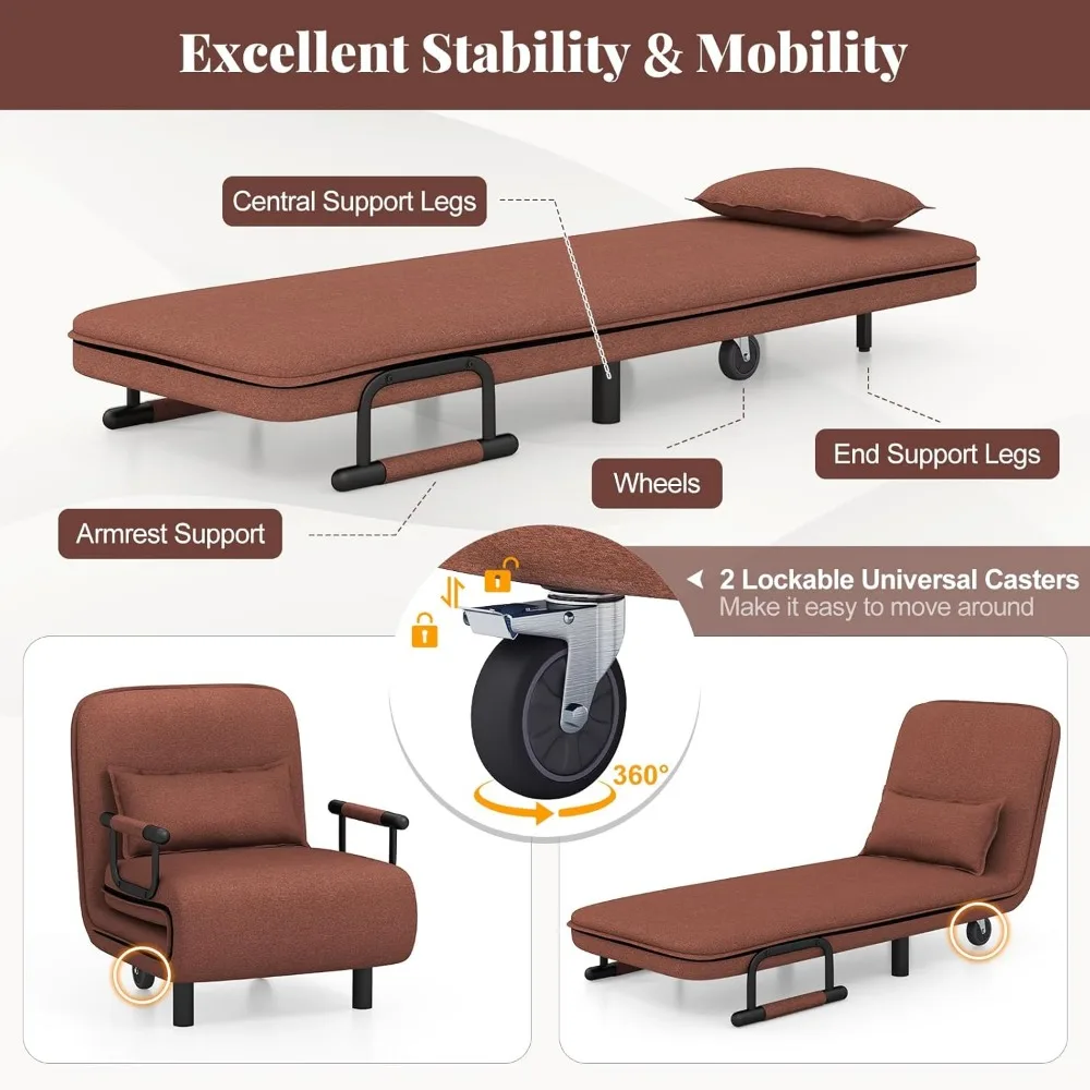 Tempat tidur Sofa nyaman, kursi tempat tidur lipat 3 dalam 1 dengan sandaran 5 posisi dapat disesuaikan, roda, 2 kaki, kursi malas