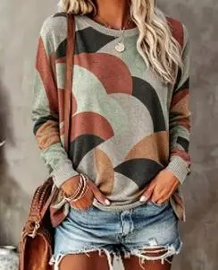 Women Crew Neck Long Sleeve Sweatshirt Fall Abstract Geometric Color Block Print Casual Loose Pullover Ladies Tops