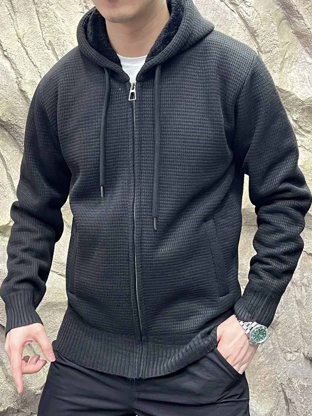 

Thiened трикотаж Fce повседневная куртка с капюшоном мужская осень-зима ветрозащитная теплая подставка из полиэфирного волокна длинная молния све