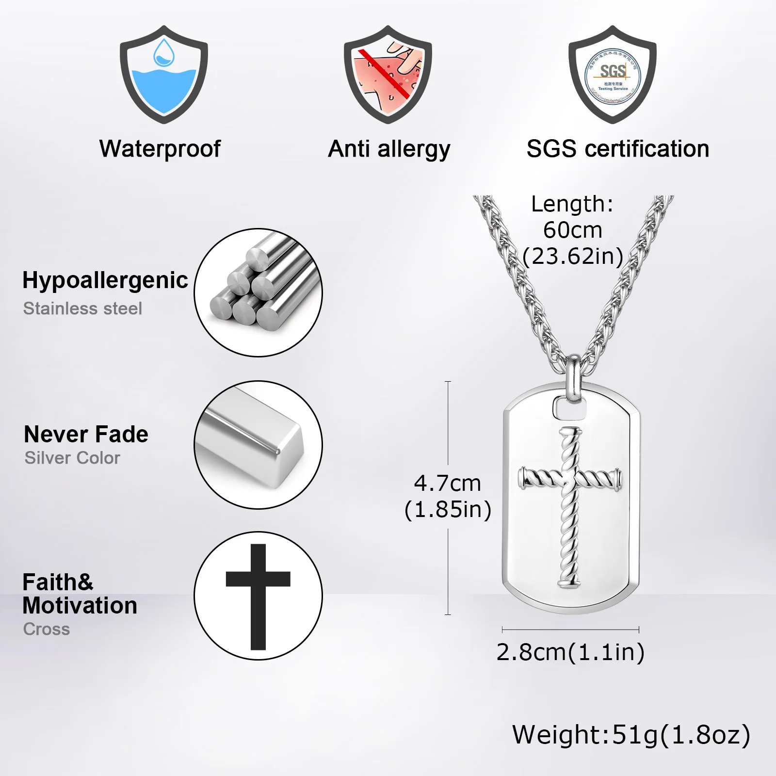 Kreuz-Halsketten mit DogTag-Anhänger für Männer und Jungen, hochglanzpolierte Edelstahl-Anhänger-Halsketten, Schmuckgeschenke für Ehemann, DAD BBF – Detail 4