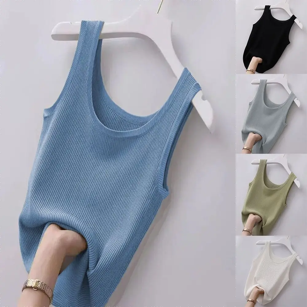 2024 Polyester Sexy Sleeveless Camisole Solid Color T-Shirt Spring Knitted Tank Streetwear Tees Basic Top Summer Camisole Girls