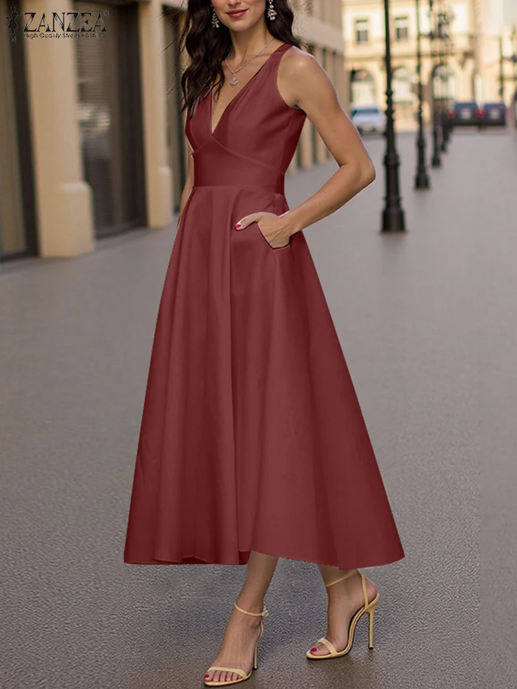 

ZANZEA Elegant Solid Maxi Dress Fashion V-neck Party Sundress Sexy Women Sleeveless Tank Robe 2025 Holiday Evening Vestidos