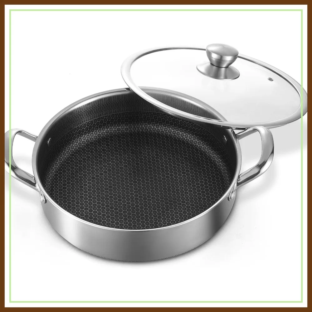 

Stainless Steel 7QT Saute Pan 14 Inch Deep Frying Pan with Lid Nonstick,Hybrid Induction Cooking Pan,PFOA Free Cookware,Large Skillets