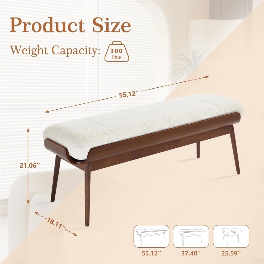 مقعد غرفة نوم مقاس 55 بوصة، مقعد طعام مع مقعد مبطن وإطار من خشب الجوز، قماش منجد كبير عثماني #3