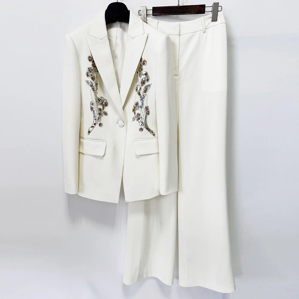 HIGH QUALITY Newest 2026 Designer Suit Women's Stunning Beaded Blazer Straight Pants Set 2pcs