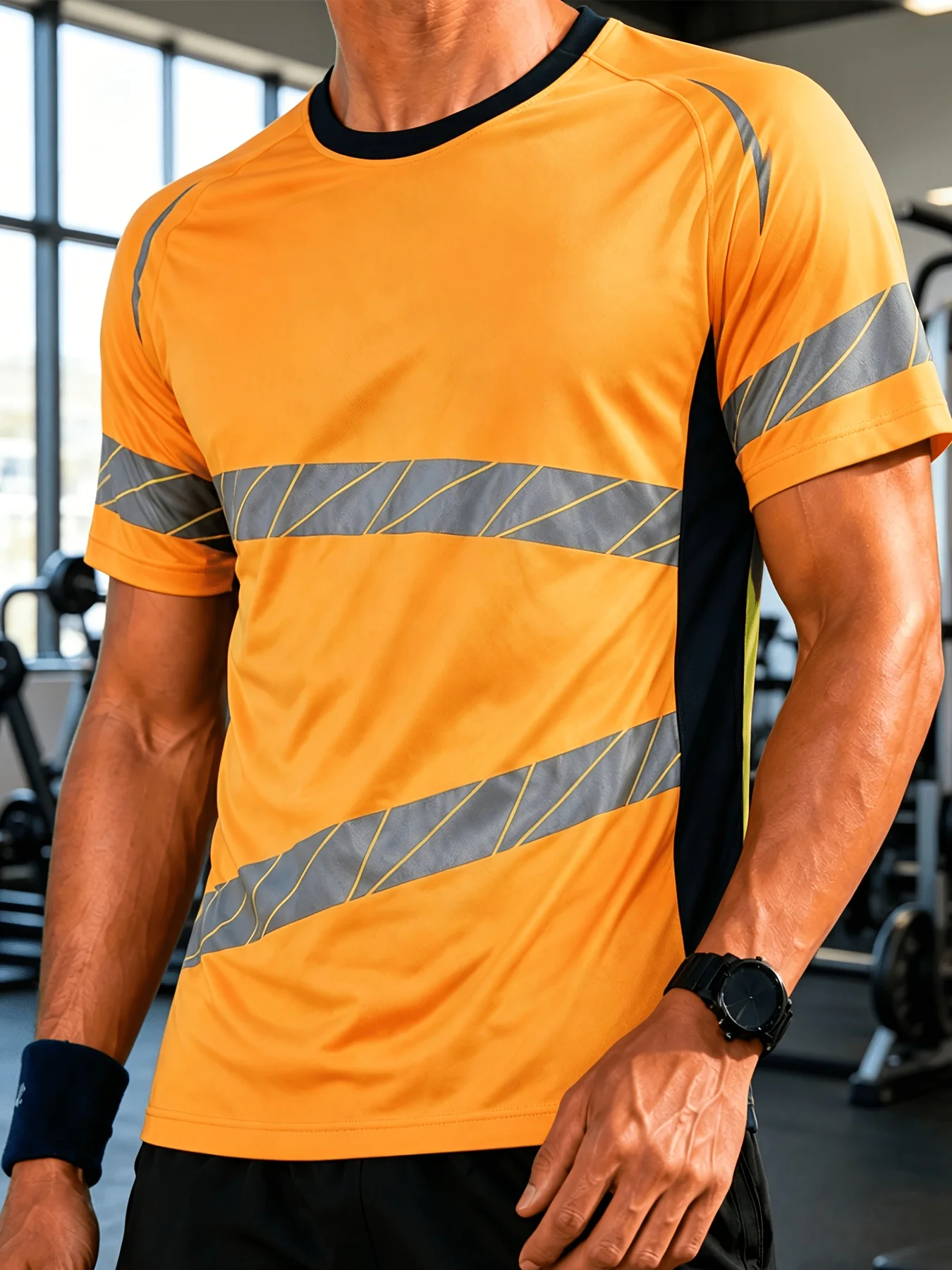 Men Sports Short Sleeve T-shirt High Elastic Quick Dry Diagonal Stripe Color Block Breathable Gym Running Top