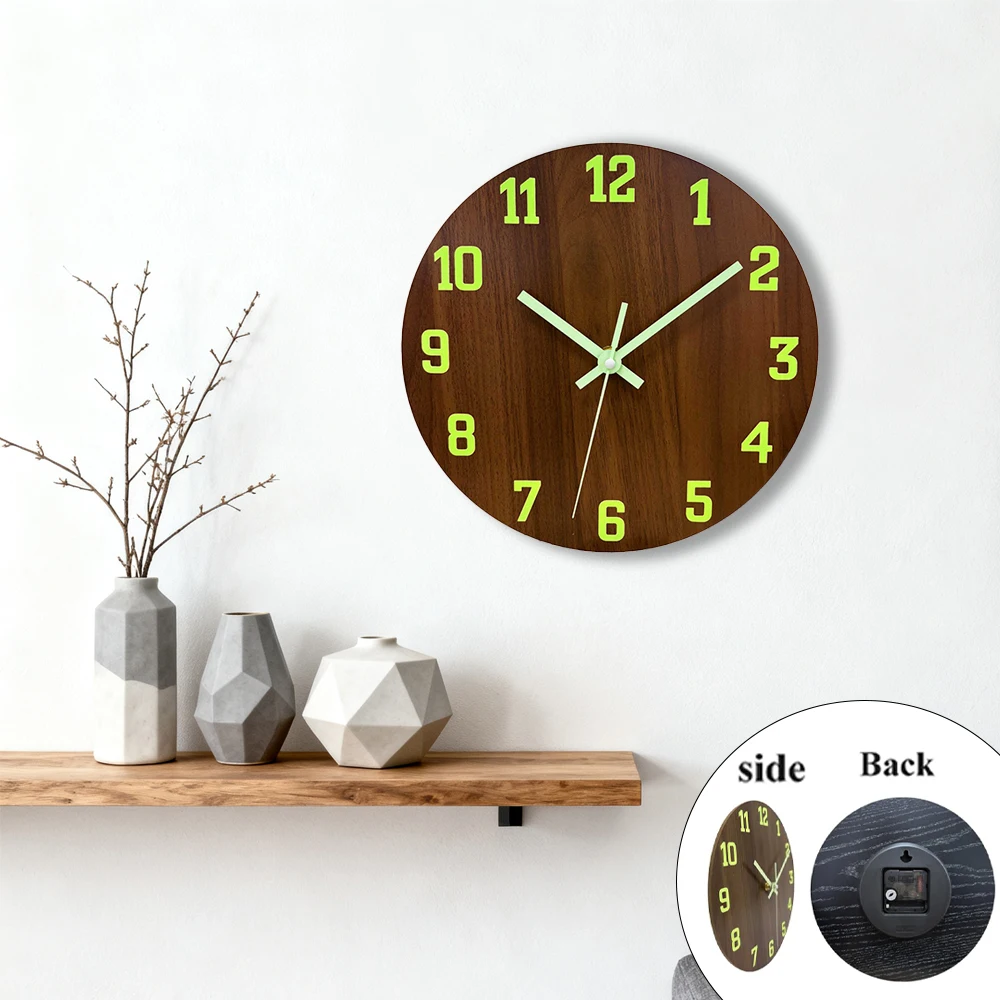 1PC Vintage Luminous Wall Clock Wooden Silent Movement Light In Dark Night Numbers Clock For Bedroom Living Room Corridor