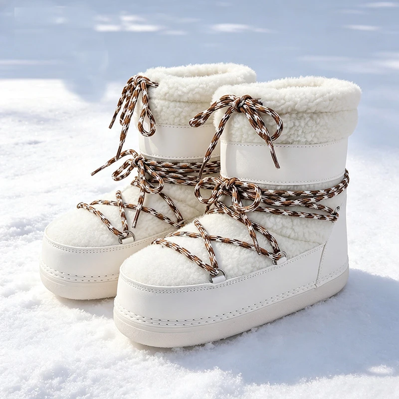 Faux Wool Snow Boots For Women WInter Warm Thick Fleece Space PU Boots Female Anti Slip Waterproof Thick Bottom Short Booties