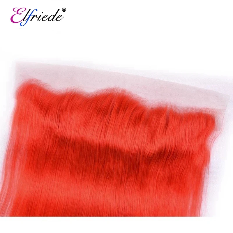 Elfriede #Orange Red Hair Bundles With Frontal 13x4 Straight Colored 100% Human Hair Weaves With Frontal Transparent Preplucked