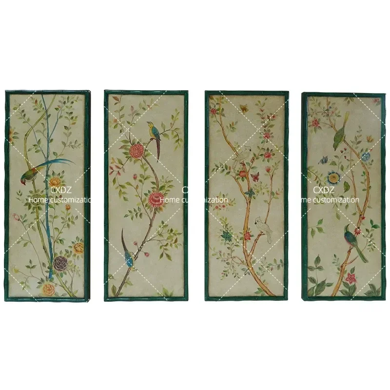 European Style Quadruple Flower and Bird Decorative Hanging Painting Living Room Handmade Frameless Oil Painting Retro Hand