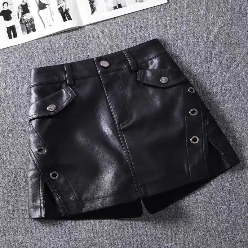 New Leather Shirt Shorts for Women Autumn Winter High Waisted Brown Back Biker Shorts Streetwear Booty Shorts with Pockets