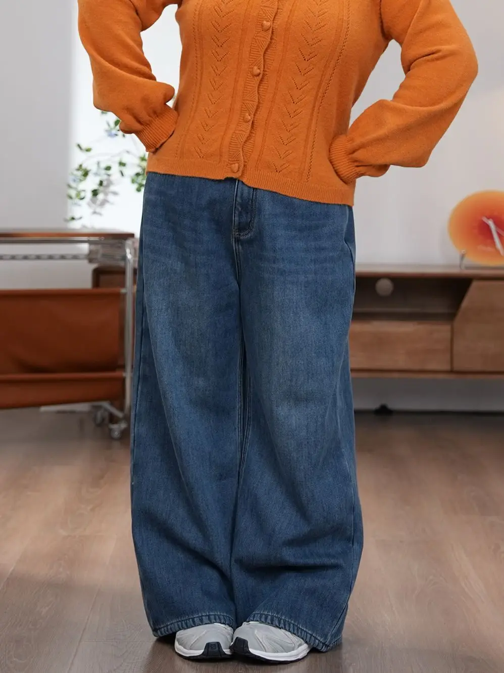 

Fur-Trimmed Straight Leg Jeans Retro Sle Fce-Lined plus Size Women's Casual Wear Durable l Waist Denim Pants