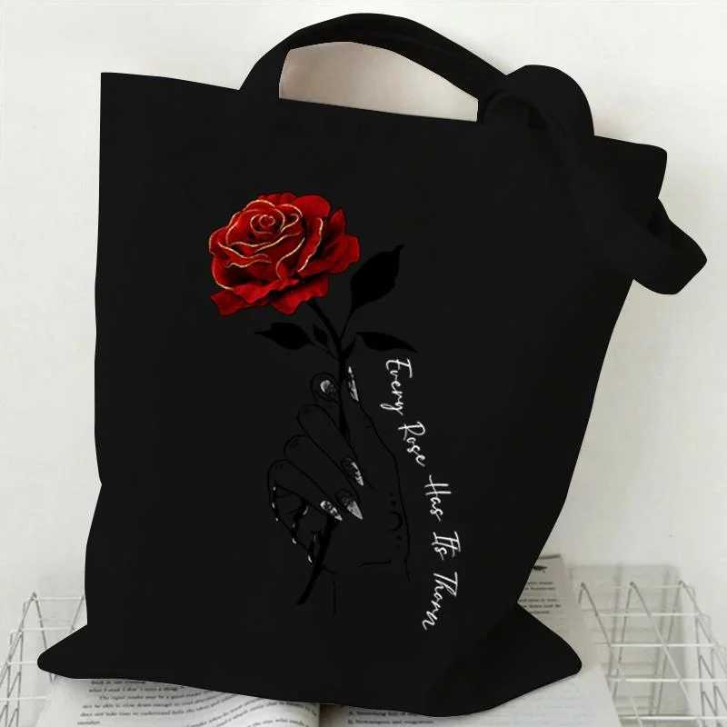 Gothic Red Rose Moon Canvas Tote Bag for Women, Aesthetic Dark Floral Reusable Shoulder Bag Alternative Casual Tote Vintage
