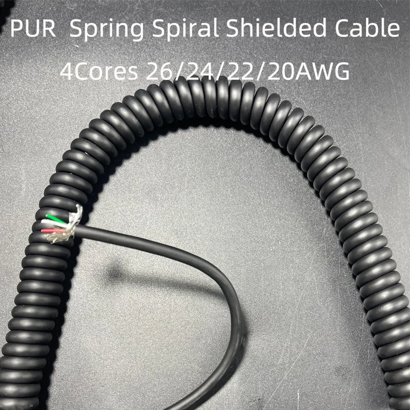 4Cores PUR Spring Spiral Shielded Cable 26/24/22/20AWG Telescopic Wire Stretch Stretchable Wire Shrinkable Cable Shielded