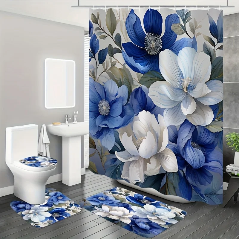 

4 шт. элегантный синий и белый цветочный узор, декор для ванной комнаты, полиэфирная ткань, занавеска для душа, коврик для унитаза, нескользящий U-образный коврик