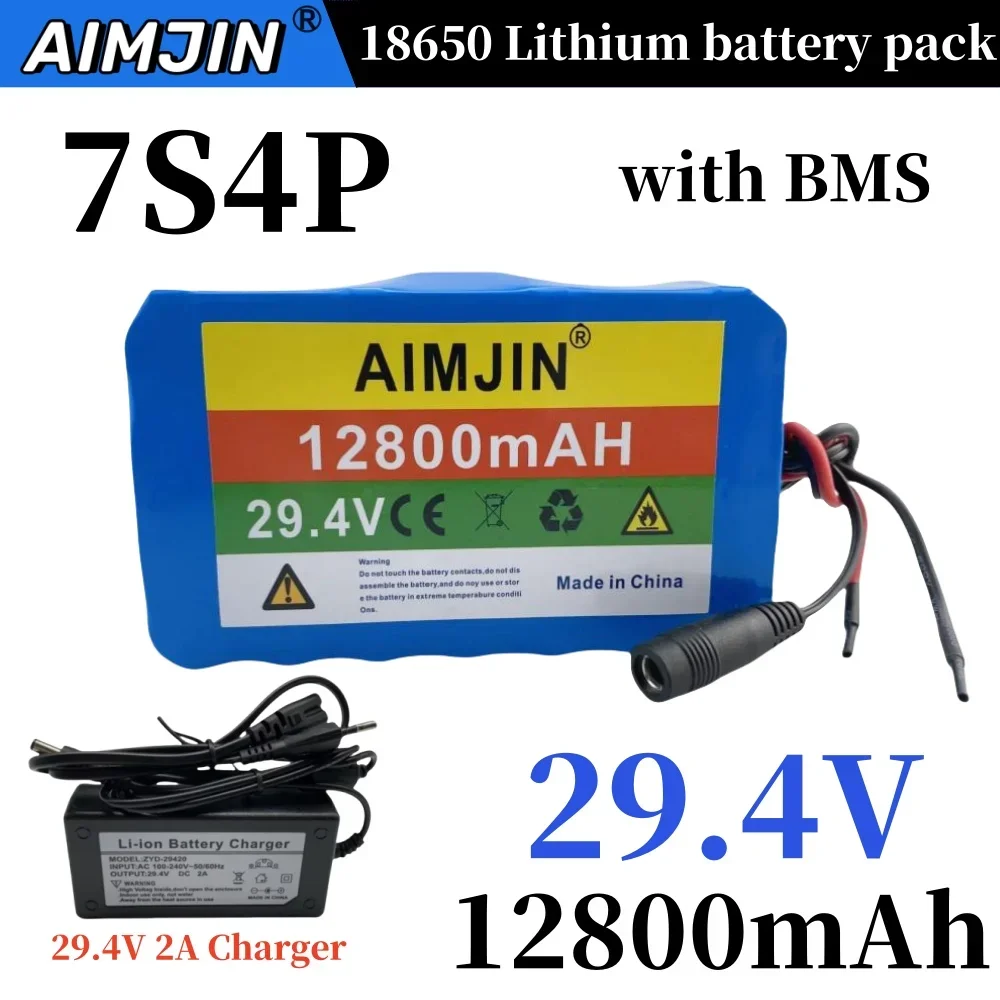 

29.4V 12800mAh/12.8Ah 7S4P 18650 Lithium Ion Battery Pack Large Capacity 12800mah Built-in BMS with Charger