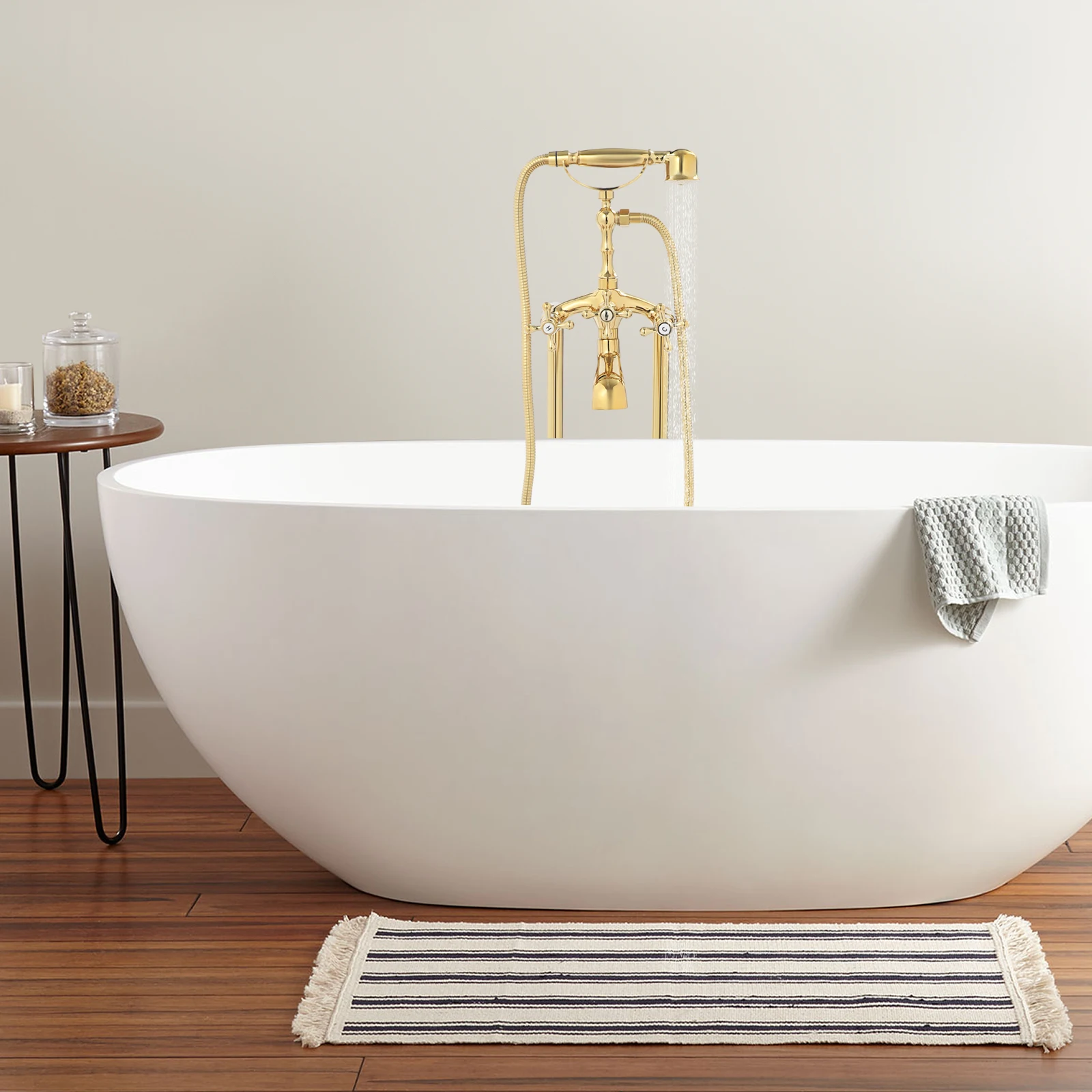 

14.17*41.33in Stable Gold Floor-Mounted Tub Filler Bathtub Faucet Multifunctional Bathtub Faucet with Hand Spray Hose
