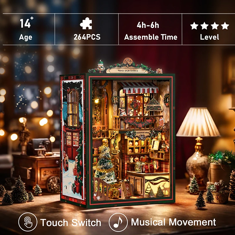 DIY 나무 책 구석 선반 삽입 키트 크리스마스 상점 북 엔드 미니어처 모델 키트 친구를위한 빛 책장 생일 선물