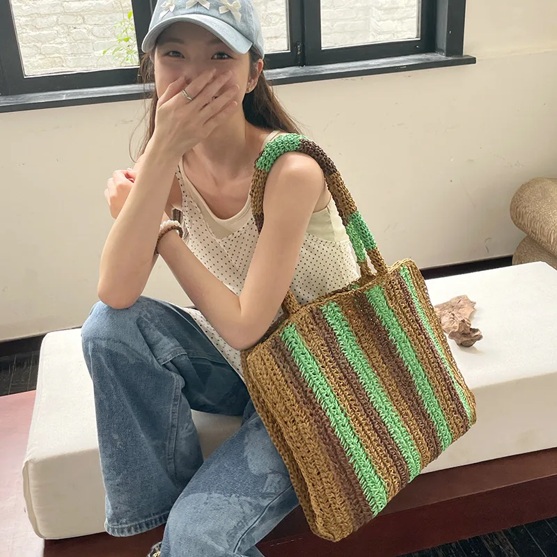 Straw Woven Handbags For Women Handmade Travel Seaside Beach Bag Summer New Handle Bucket Bag Shopping Tote Bag Basket Bolsa