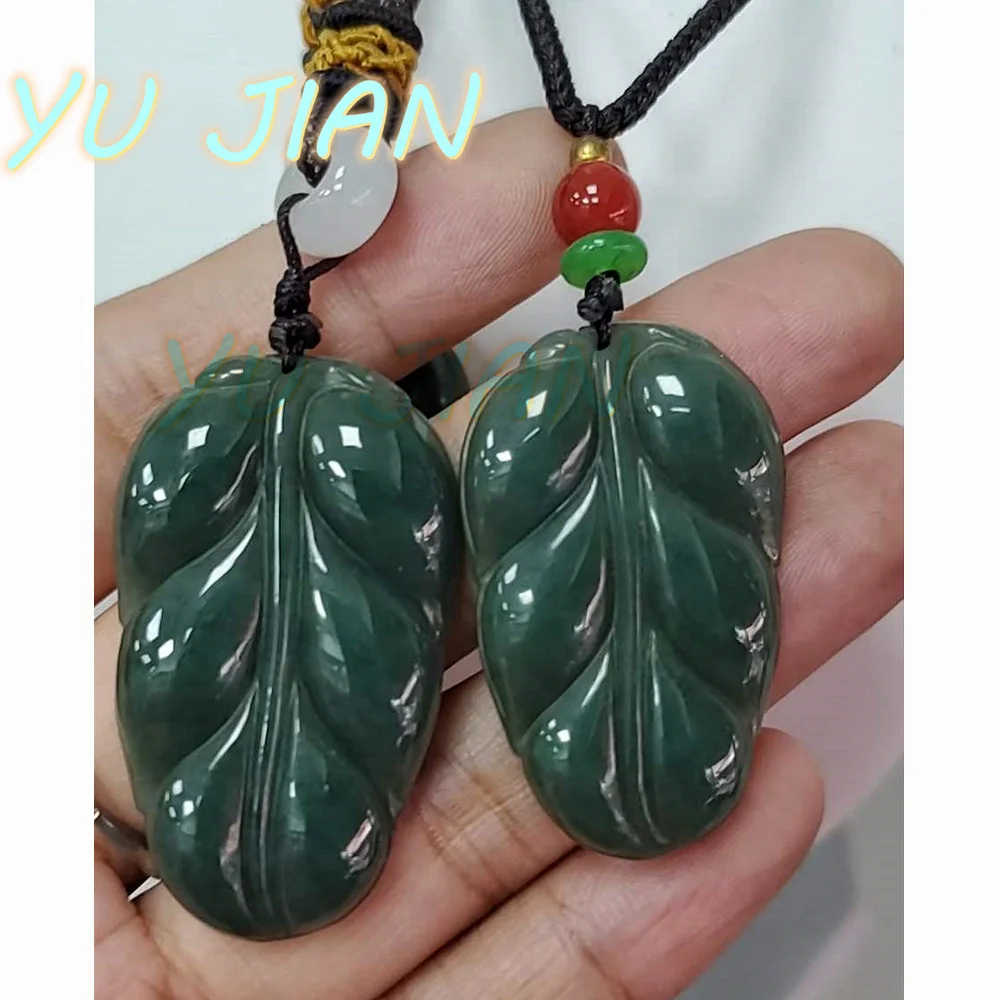 New Natural Burma Jadeite Hand Carved Ink Painting Oil Blue Color Leaves Pendant Boutique Necklace With Chain Fine Jewelry