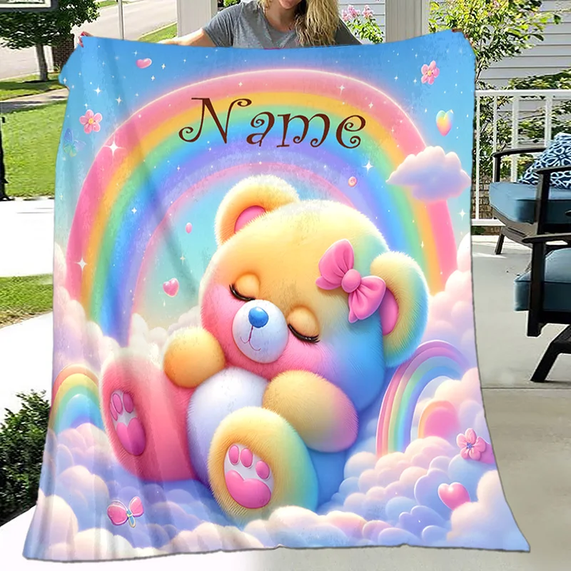 

Personalized custom named blanket with cute sleeping rainbow teddy bear design, perfect for decorating your living room, bedroom
