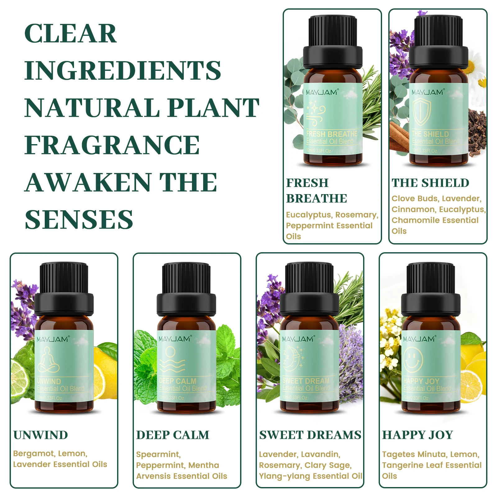 MAYJAM Essential Oils 6 Bottles Blend Oils Gift Set for Humidifiers Diffusers Aromatherapy Unwind Calm Sweet Dreams