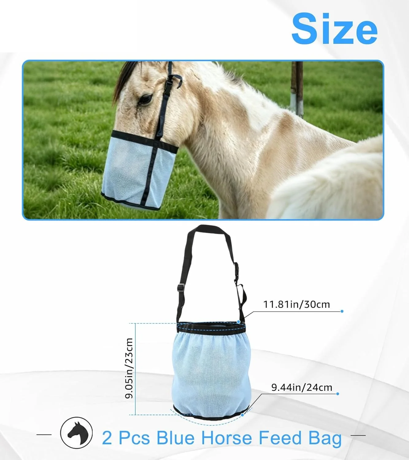 2pcs Horse Feed Bags Blue/Black Adjustable Breathable Mesh Grain Feedbag Portable Feeder Equestrian Hanging Hay Net Bags Farming