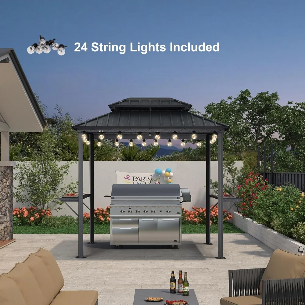 

6x8ft Hardtop Aluminum Grill Gazebo Double Tiered Grey Outdoor BBQ Canopy with LED Lights & Shelves,Customized