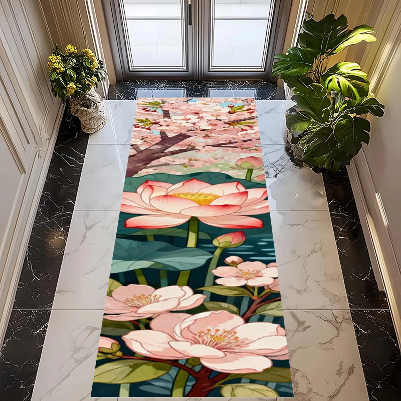 Runner Rug with Japanese Cherry Blossom Lotus Floral Print Non-Slip Hallway Mat Long Kitchen Carpet for Entryway Bathroom