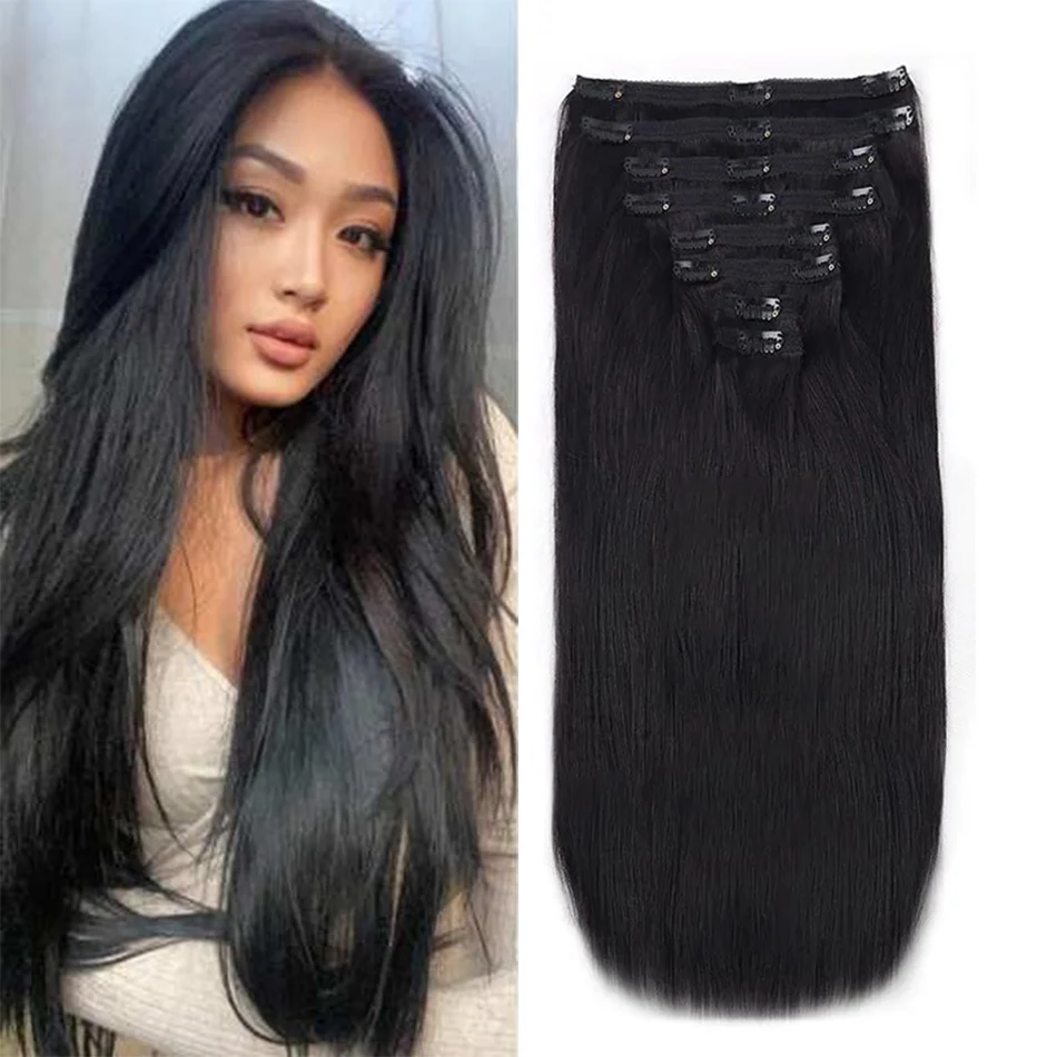 120Grams Clip In Hair Extension 100% Remy Human Hair 1B Dark Brown Clip-On HairPiece Full Head 14-26 Inch For Salon Supply