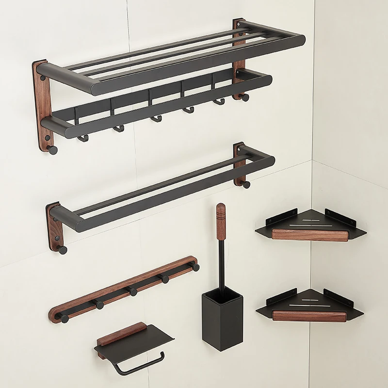 Walnut wood Black Double Towel Bars Bathroom Towel Hanger Space Aluminum Bathroom Accessories Towel Rack Toilet Brush