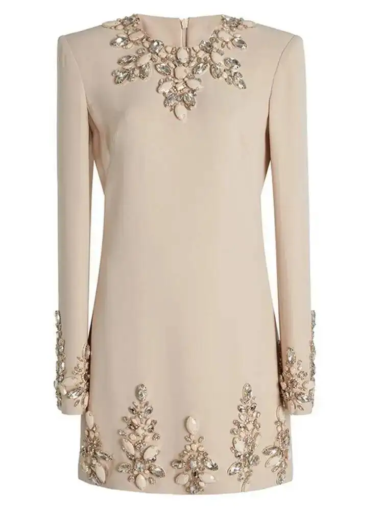 

Luxury Quality Brand Designer Autumn Diamond Beaded Crystal Long Sleeve Party Evening Short Dress For Women
