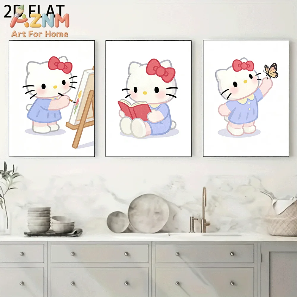 AZNM Hello Kitty Canvas Wall Art Unframed Cute Cartoon Print Poster Painting Easel Reading Book Butterfly Red Bow Design for Gir