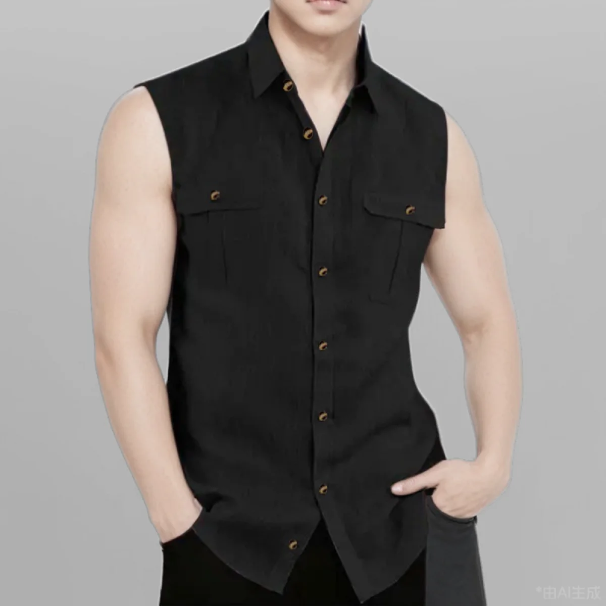 Men\'s Linen Shirt Summer Shirt Beach Top Black Wine Blue Sleeveless Solid Color Hawaiian Tee Collar Sweatshirt Clothing