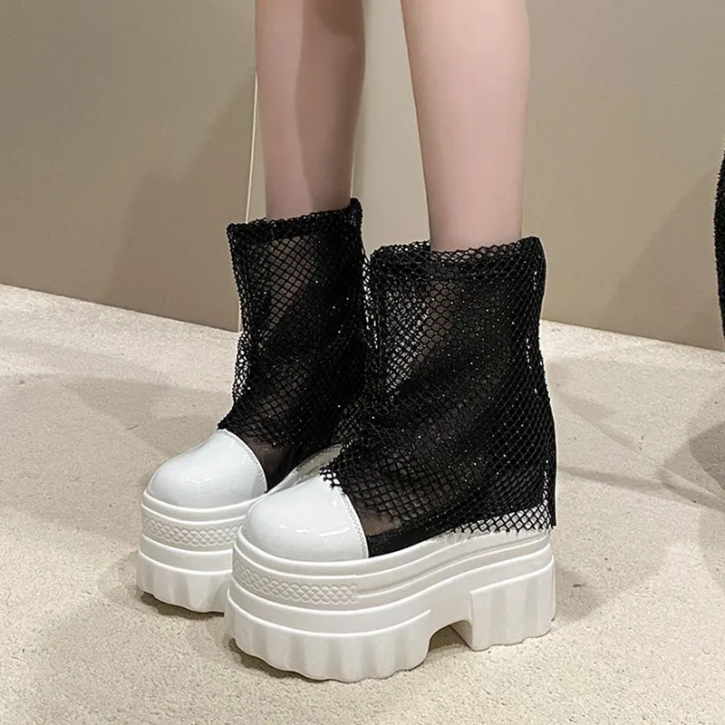 14cm 2026 Super High Women's Stud Wedges Platform Booties Round Cool Ankle Boots New Spring Summer Street Style Trending Shoes